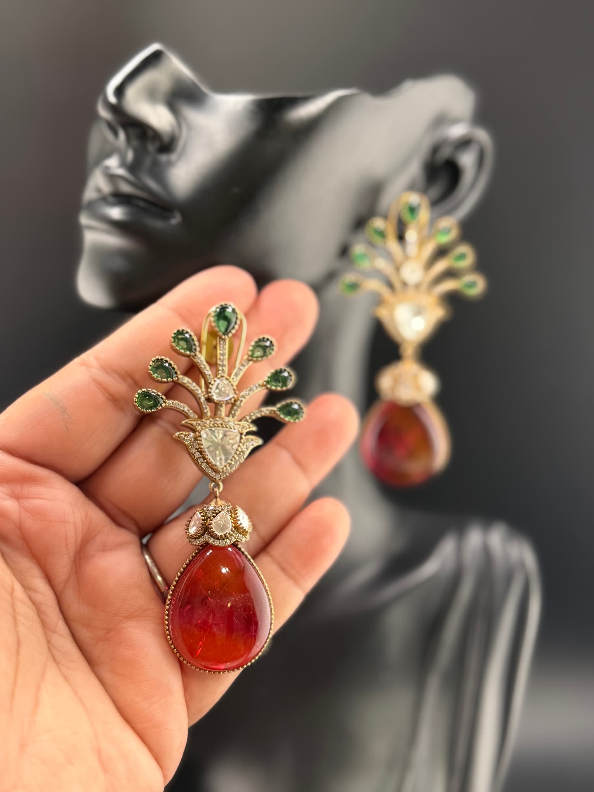 Hessonite Teardrop Peacock Fan Earrings with Emerald Top