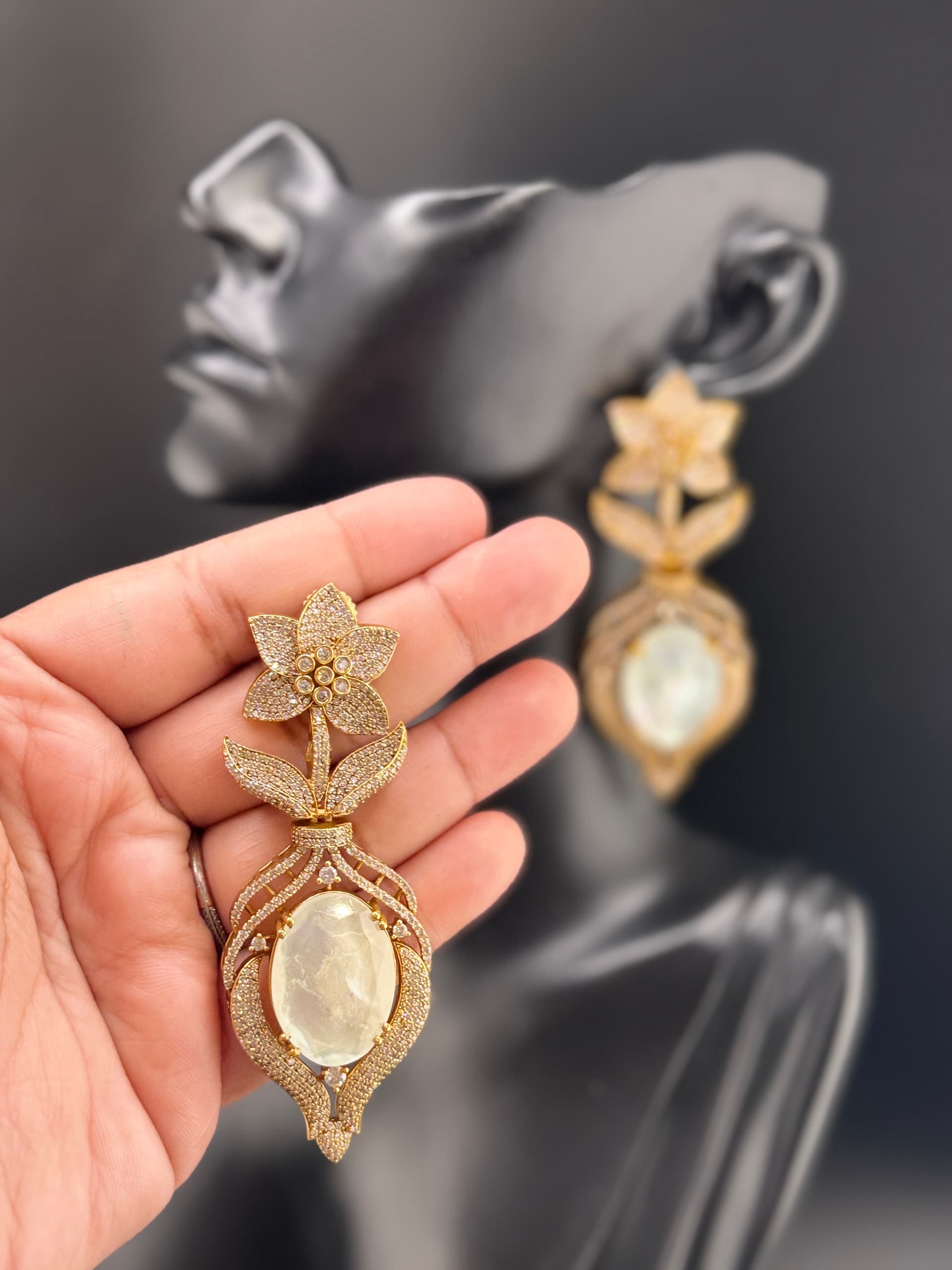 CZ Floral Mother-of-Pearl Leaf Drop Earrings