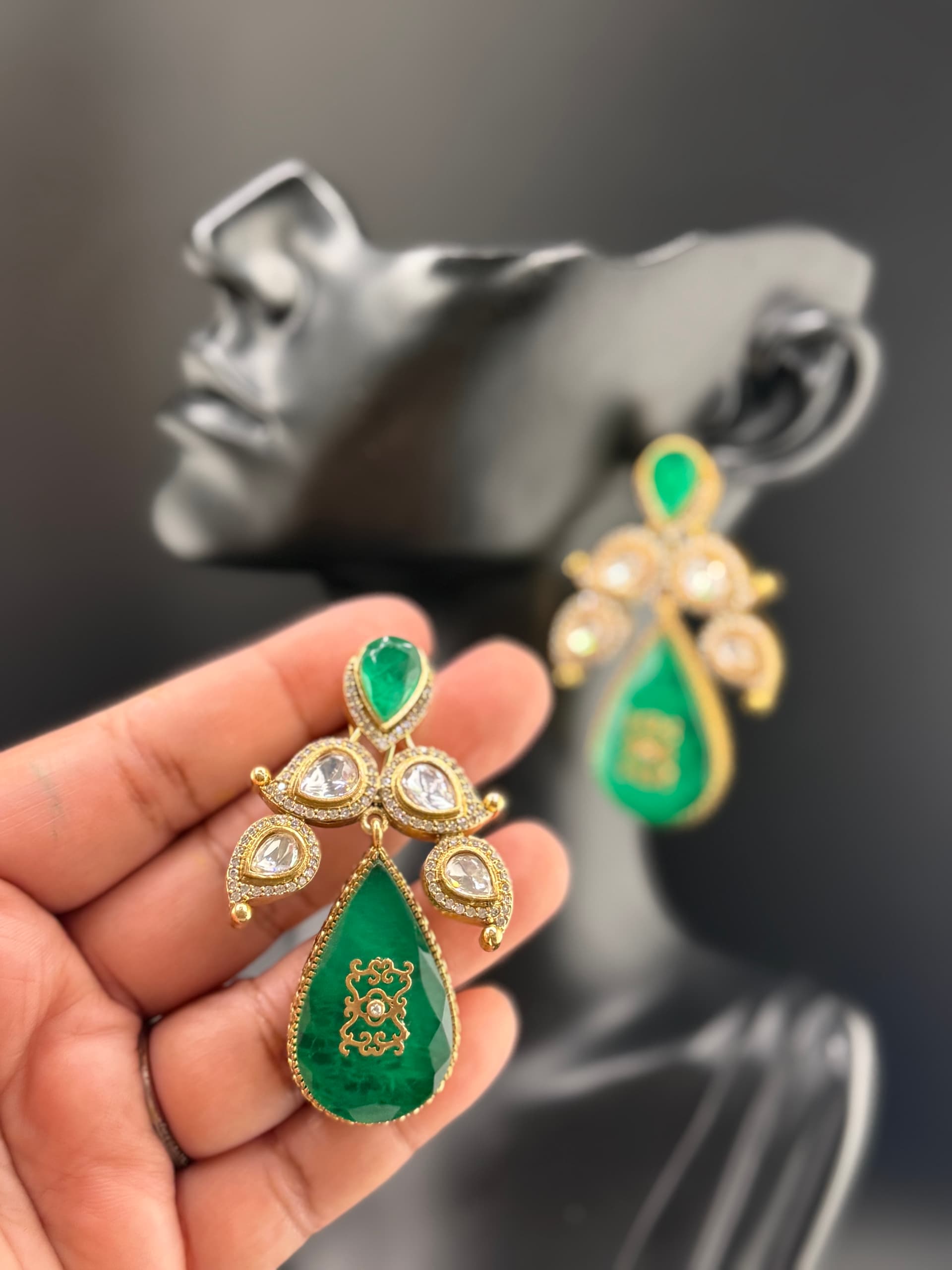 Emerald Carved Teardrop Polki Drop Earrings