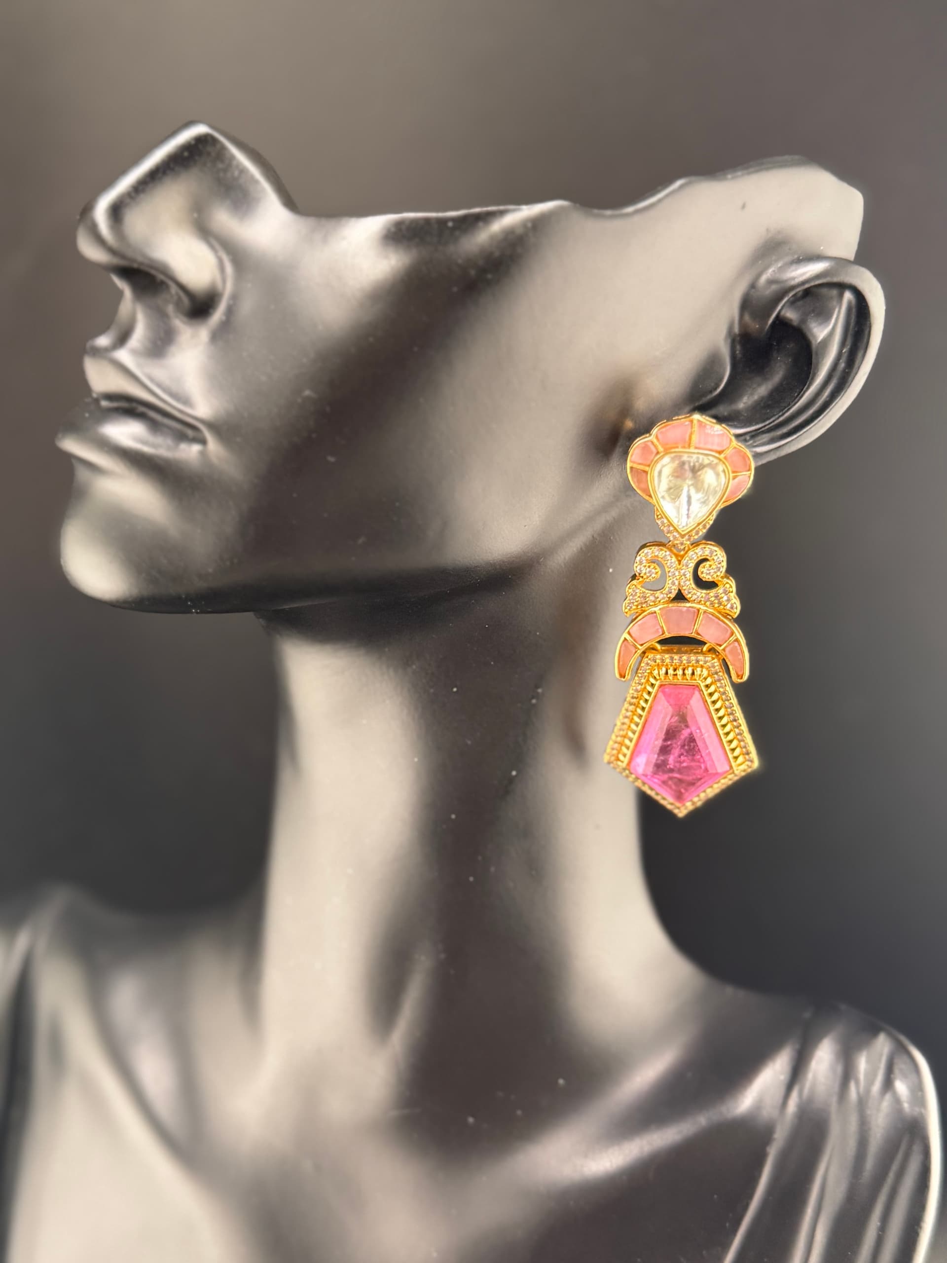 Pink Meenakari Pentagon Drop Earrings with Polki - alternate view