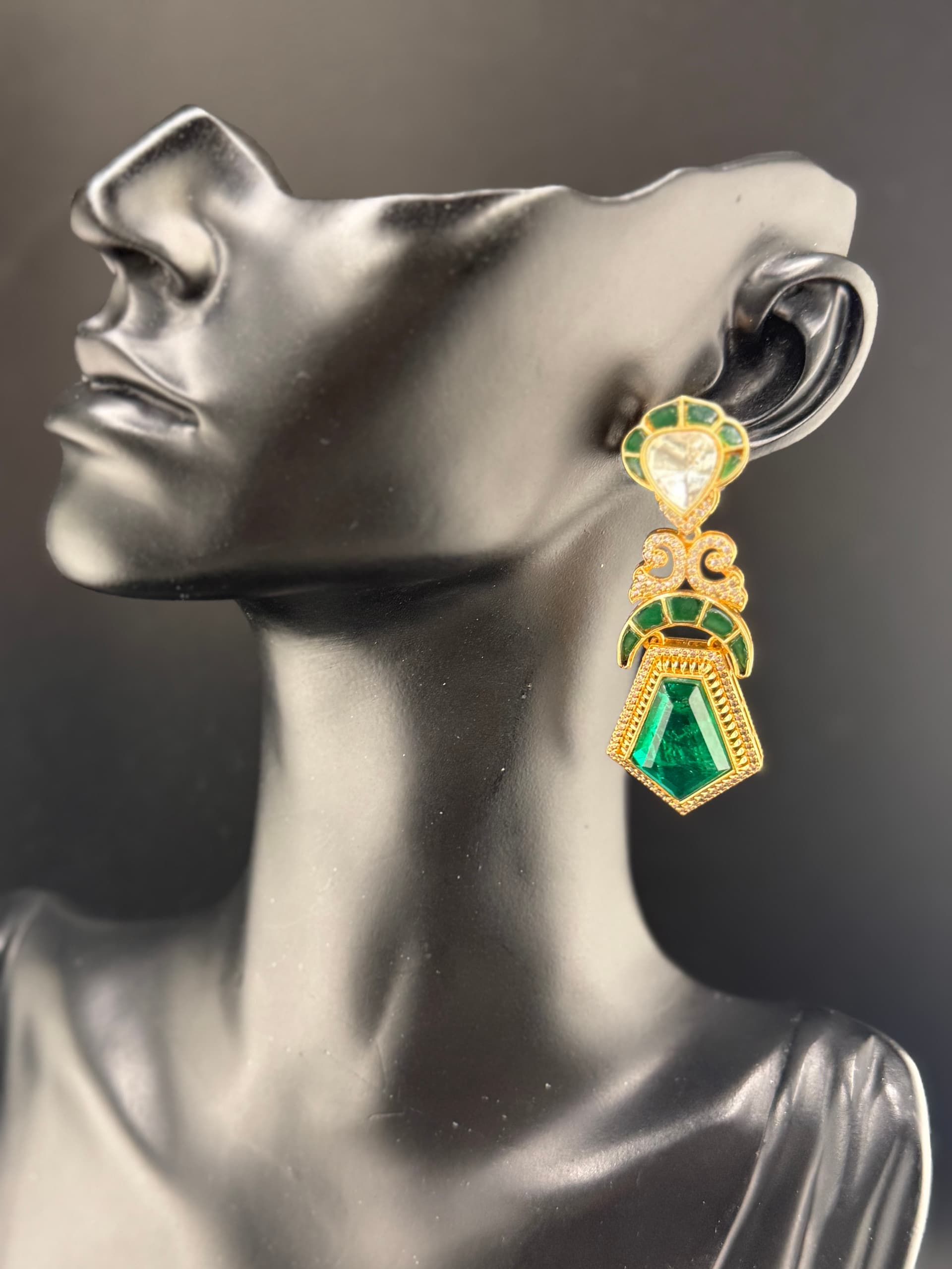 Emerald Meenakari Pentagon Drop Earrings with Polki